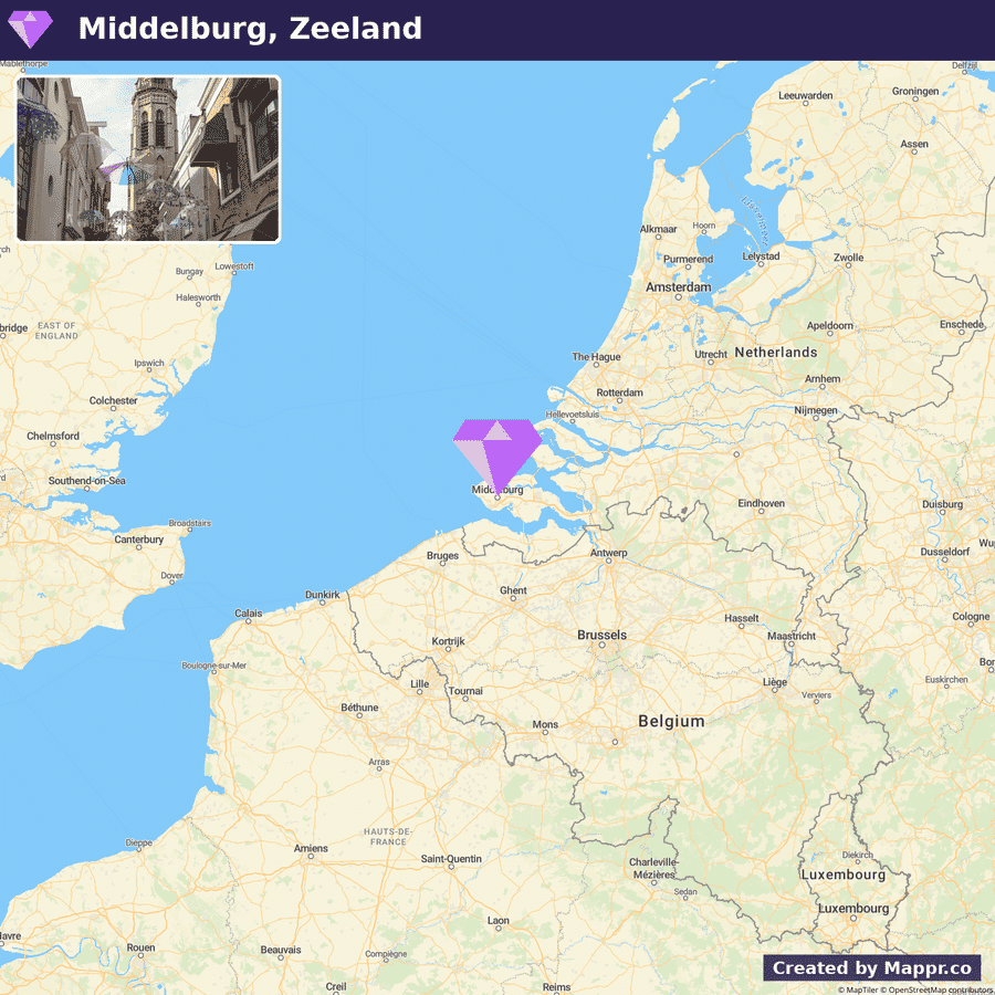 An inset image of a narrow street in Middelburg, Zeeland, topped by a map showing the location of Middelburg in the Netherlands, with surrounding countries and cities labeled for context.