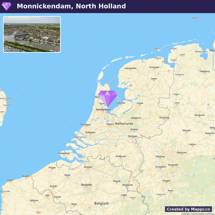 A map showing the location of Monnickendam in North Holland, Netherlands, marked with a purple pin, with an inset aerial view of the town at the top left corner.