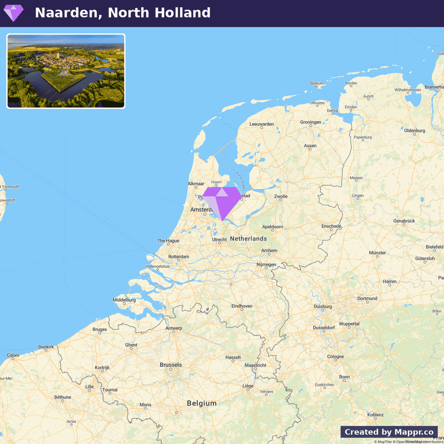An image displaying a map of part of Western Europe focusing on the Netherlands, with a purple location marker indicating Naarden in North Holland, and an inset aerial photo of Naarden showing a star-shaped fortification surrounded by water and greenery. There are labels for Amsterdam and other cities, as well as neighboring countries such as Belgium and Germany. The image includes map attribution to Google and Mappr.co.