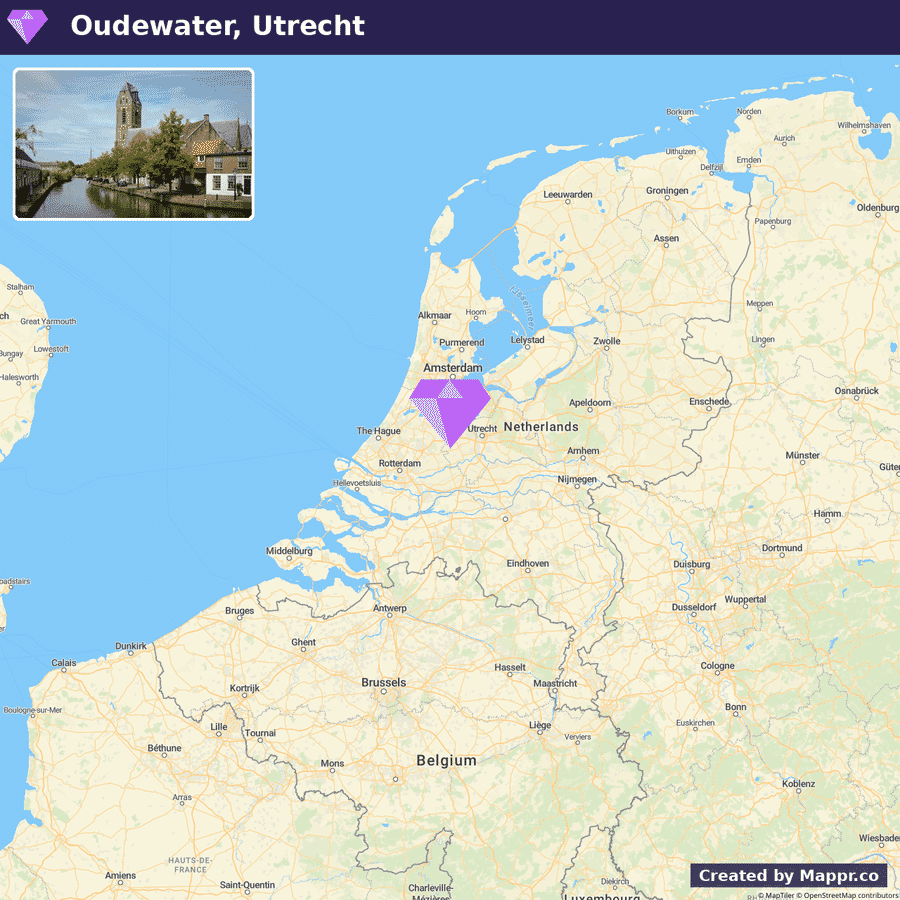 A map showing the location of Oudewater, Utrecht in the Netherlands, with an inset picture of a canal and historic buildings in Oudewater.