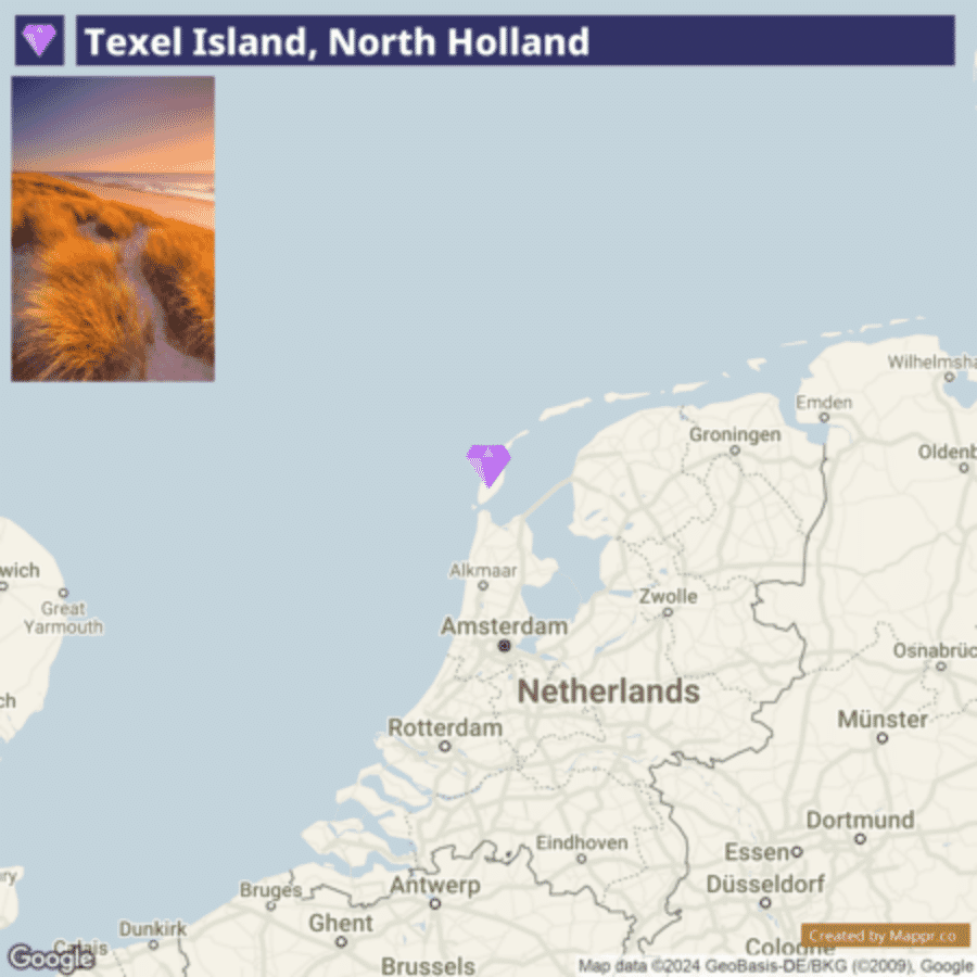 A map showing the location of Texel Island in North Holland, with a purple marker pointing to the island on a map of the Netherlands and surrounding areas. The top left corner features a photograph of a beach on Texel Island with tall grasses during sunset.