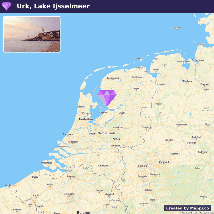 An image collage showing a picturesque sunset view of Urk, Lake Ijsselmeer on the top, and a map highlighting the location of Urk in the Netherlands on the bottom.