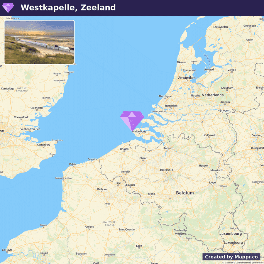 A map showing the location of Westkapelle, Zeeland in the Netherlands, with a small inset picture in the upper left corner depicting a serene beach scene at sunset.