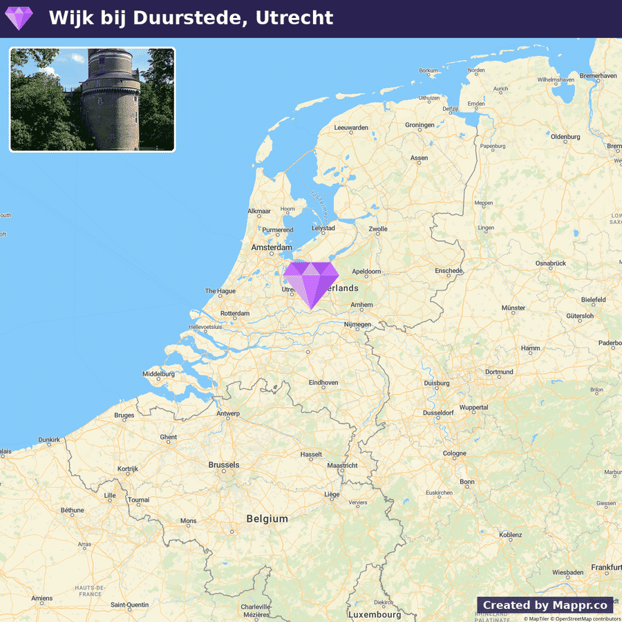 A map of the Netherlands with a highlighted location marker on Wijk Bij Duurstede, Utrecht, and an inset photo in the top left showing a historic turret surrounded by greenery.