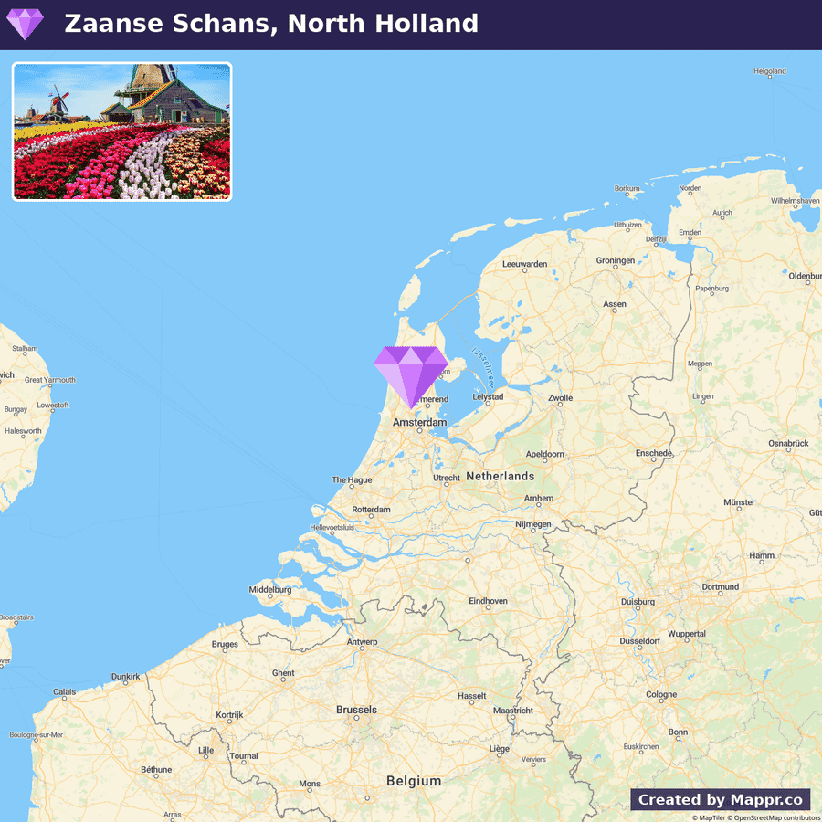 A promotional image featuring an inset photo of a colorful tulip field with a windmill at Zaanse Schans, North Holland, placed over a map highlighting the location near Amsterdam on a map of the Netherlands and parts of Belgium and Germany.