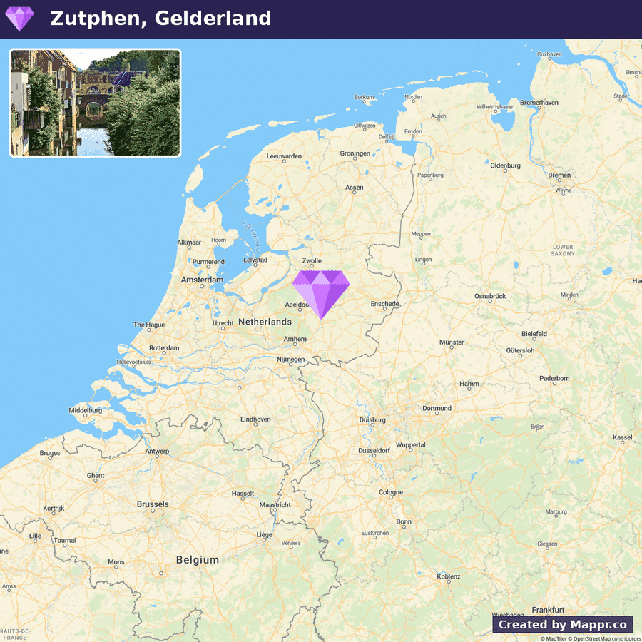 A map highlighting Zutphen in Gelderland, Netherlands, with surrounding major cities and countries.