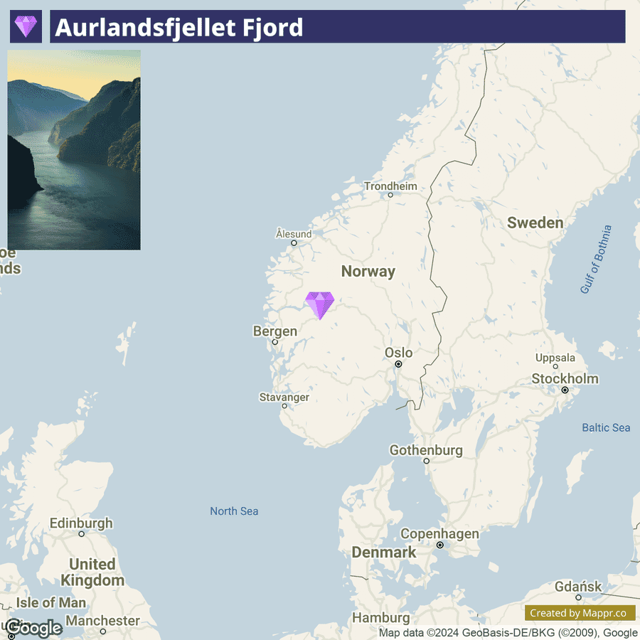 A map highlighting the location of Aurlandsfjellet Fjord in Norway, with an inset image of the fjord in the upper left corner.