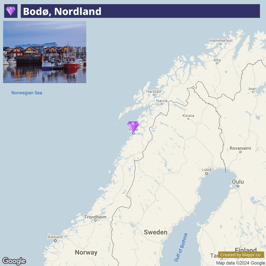 The image shows a map highlighting the location of Bodø in Nordland, Norway, with a small photo in the upper-left corner depicting a peaceful harbor scene with boats and colorful buildings at twilight.