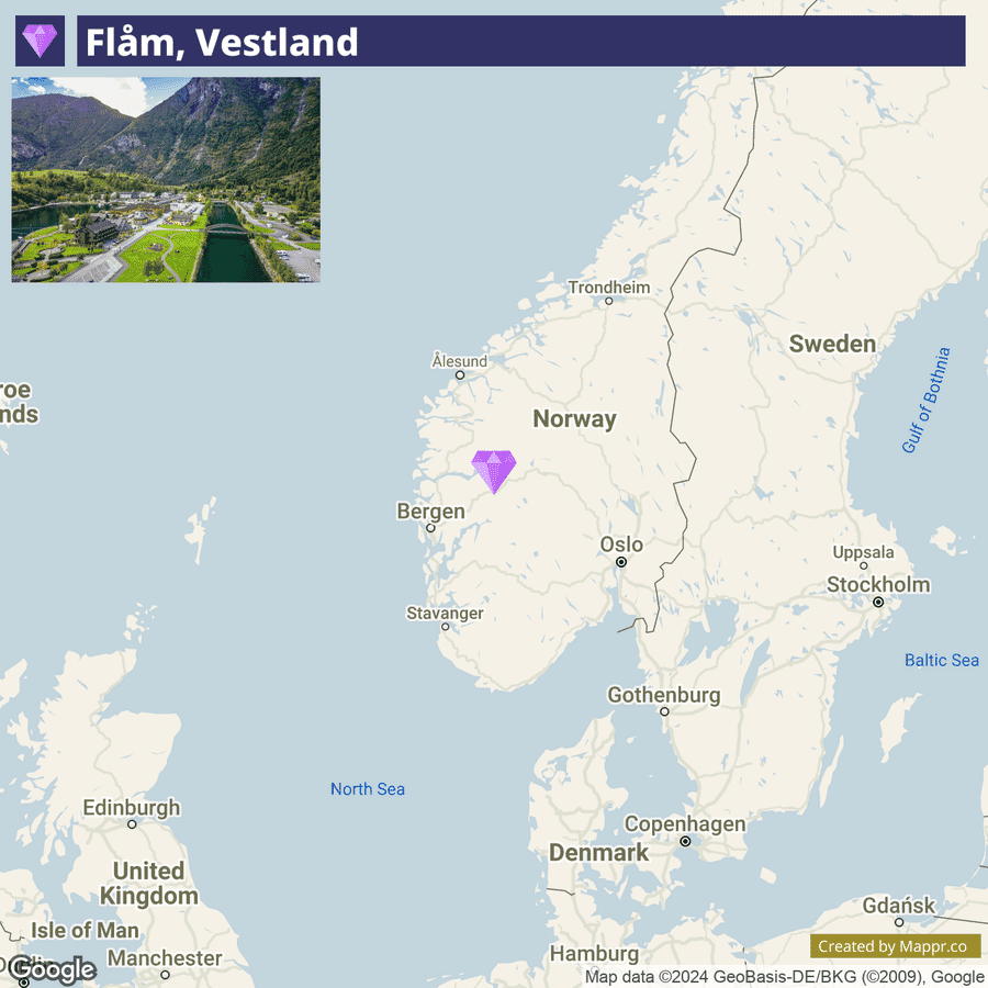 A map highlighting Flåm, Vestland in Norway with an inset photograph showcasing an aerial view of Flåm nestled in a valley with a fjord.