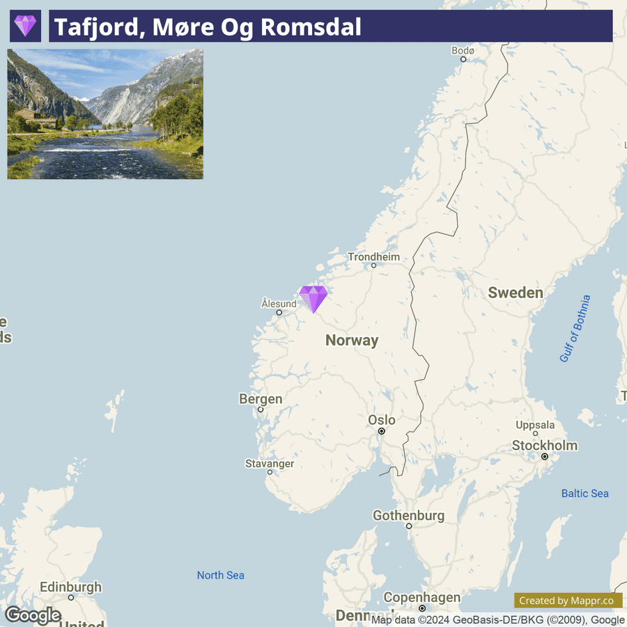 A map showing the location of Tafjord, Møre og Romsdal in Norway with a purple marker, alongside a split view of a scenic photo of the landscape in Tafjord featuring a river, mountains, and trees. The map includes nearby cities and bodies of water in the region.