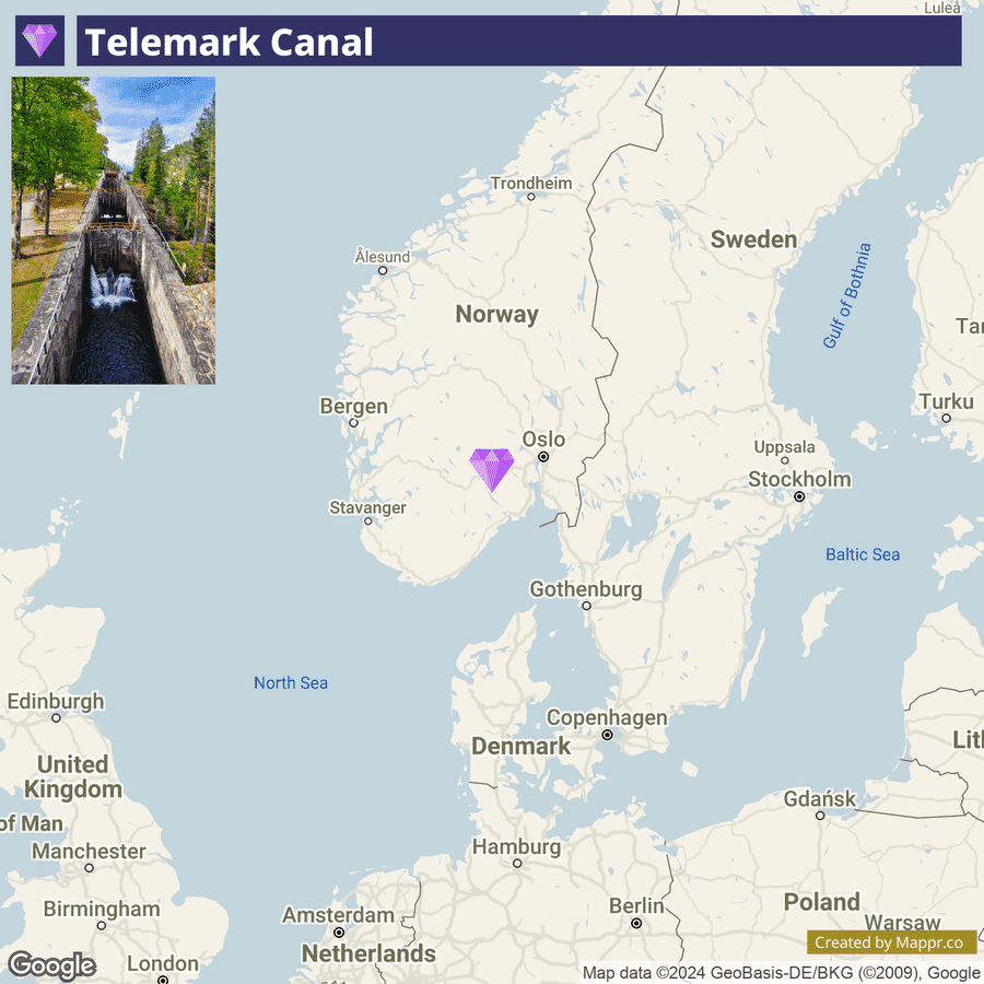 A split-screen image with the top half showing a boat navigating through a narrow lock on the Telemark Canal, surrounded by greenery and with a small waterfall on the left, and the bottom half displaying a map highlighting the canal's location in Norway, with a purple diamond-shaped marker near the city of Oslo.