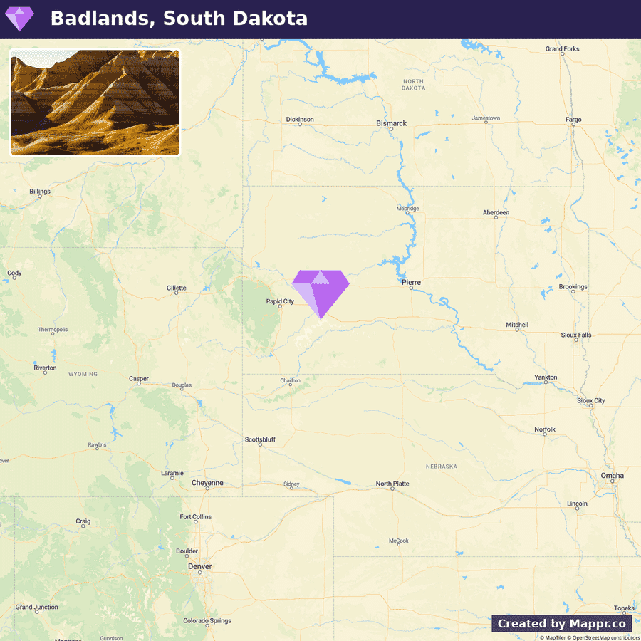 A map highlighting Badlands National Park in South Dakota with an inset photo showing the rugged terrain of the park at the top left corner.