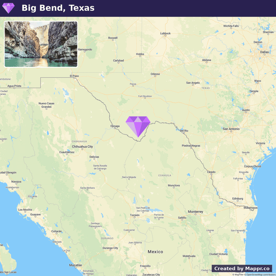 Map showing the location of Big Bend National Park in Texas, with a highlighted region indicating its position near the border between the United States and Mexico. The map also displays surrounding states and major cities.