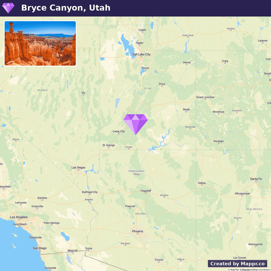 A map highlighting the location of Bryce Canyon National Park in Utah, with an inset photo showcasing the park's distinctive red rock formations.