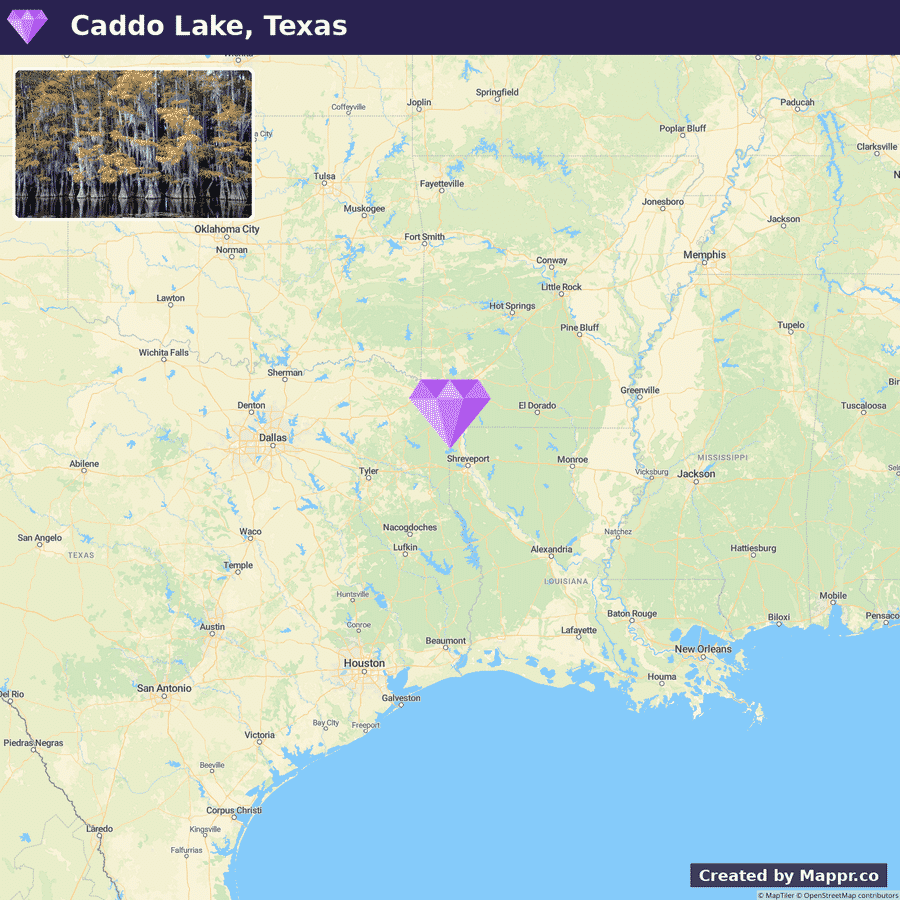 Map showing the location of Caddo Lake in Texas, with an inset photo of the lake surrounded by trees with autumn foliage.