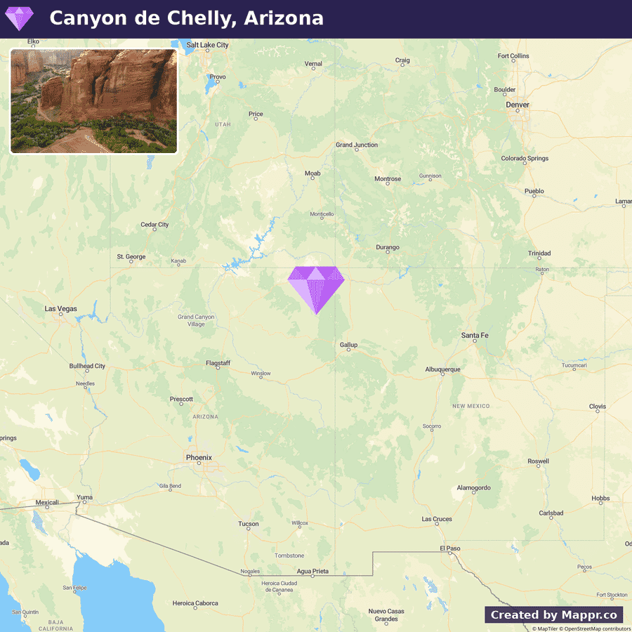 A map showing the location of Canyon De Chelly National Monument in Arizona, United States, with a purple diamond-shaped marker indicating the monument's position, along with a small inset photo of the canyon's sandstone cliffs and vegetation.