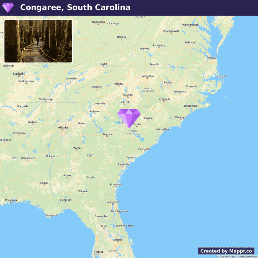Alt text: A composite image featuring a scenic view of a boardwalk meandering through dense forest in Congaree National Park on the left, and a map showing the location of South Carolina in the southeastern United States on the right. The map highlights major cities and states in the region, with Google and Mappr.co branding at the bottom.