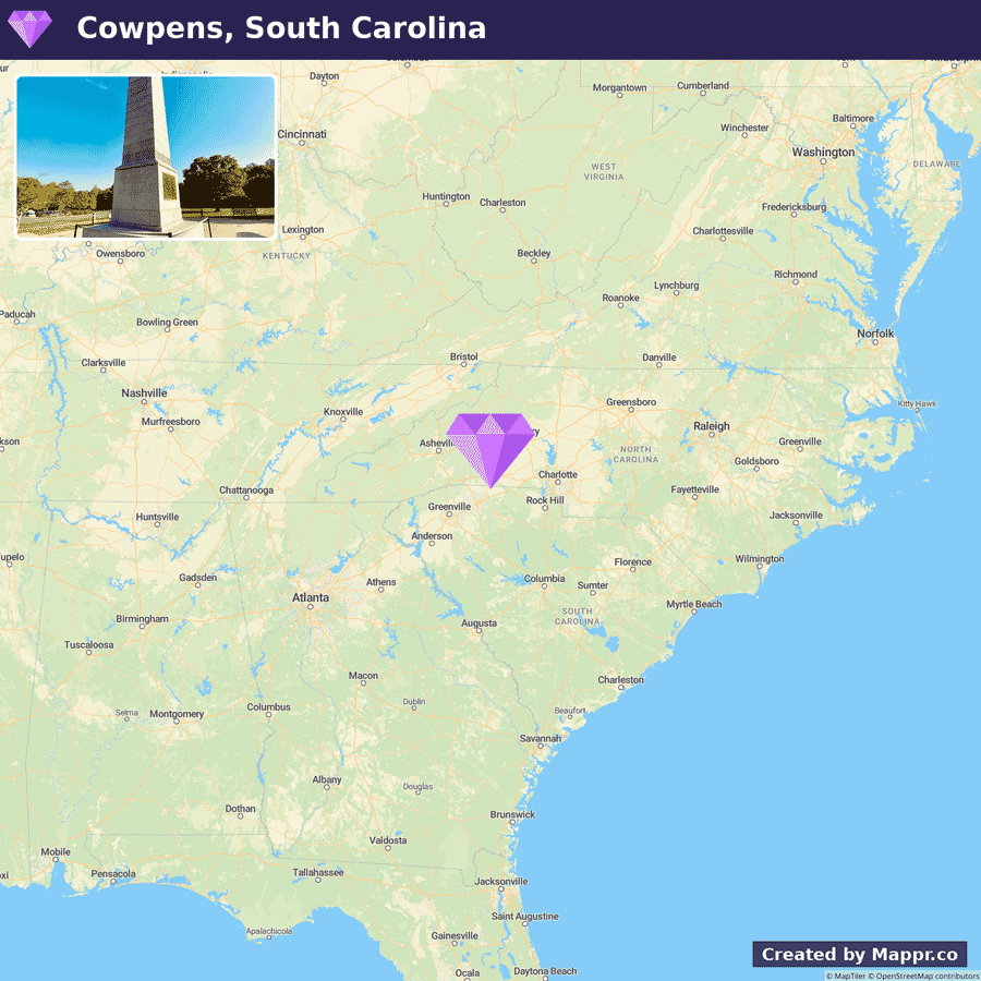Map showing where Cowpens sits in South Carolina, with a diamond marker on the exact location