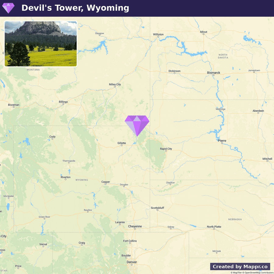 Alt text: A map featuring Devil's Tower National Monument location in Wyoming, with an inset photo showing the iconic butte rising above a grassy field.