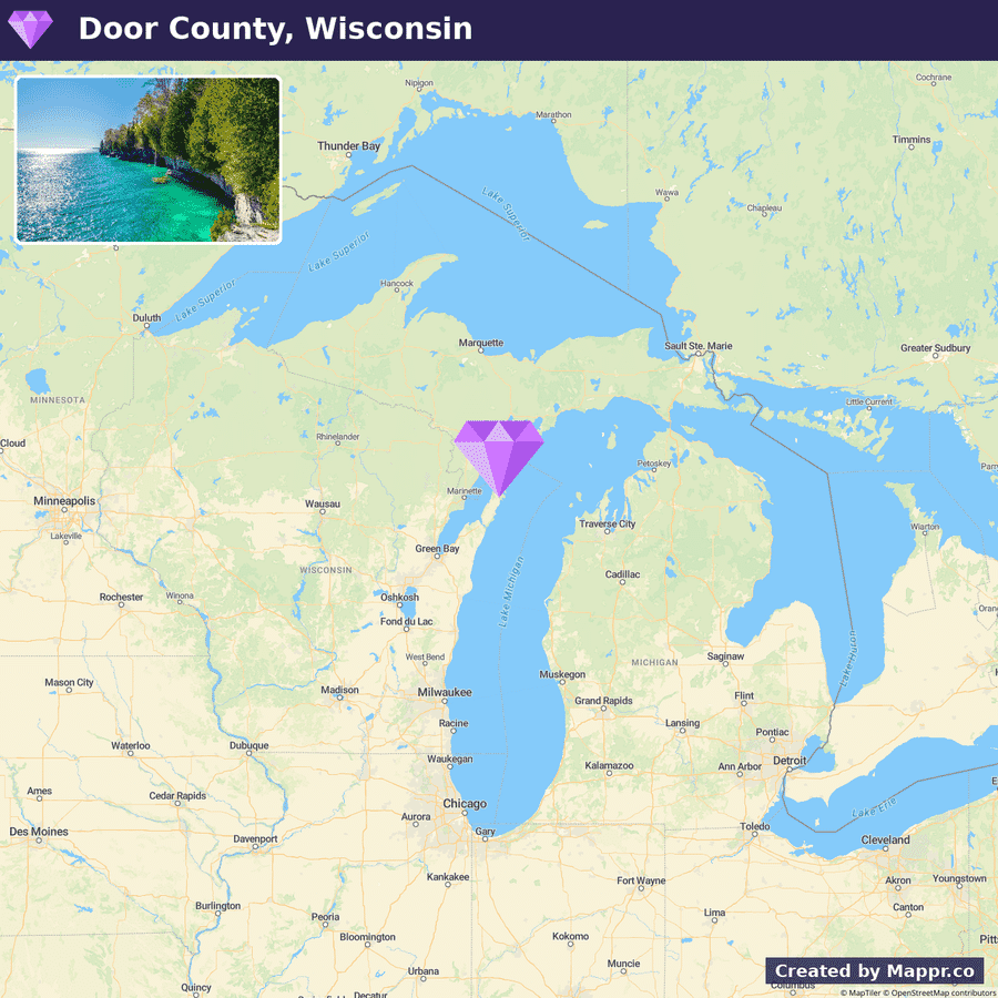 A map highlighting Door County in Wisconsin with a small inset photo showing a coastal scene from the area.