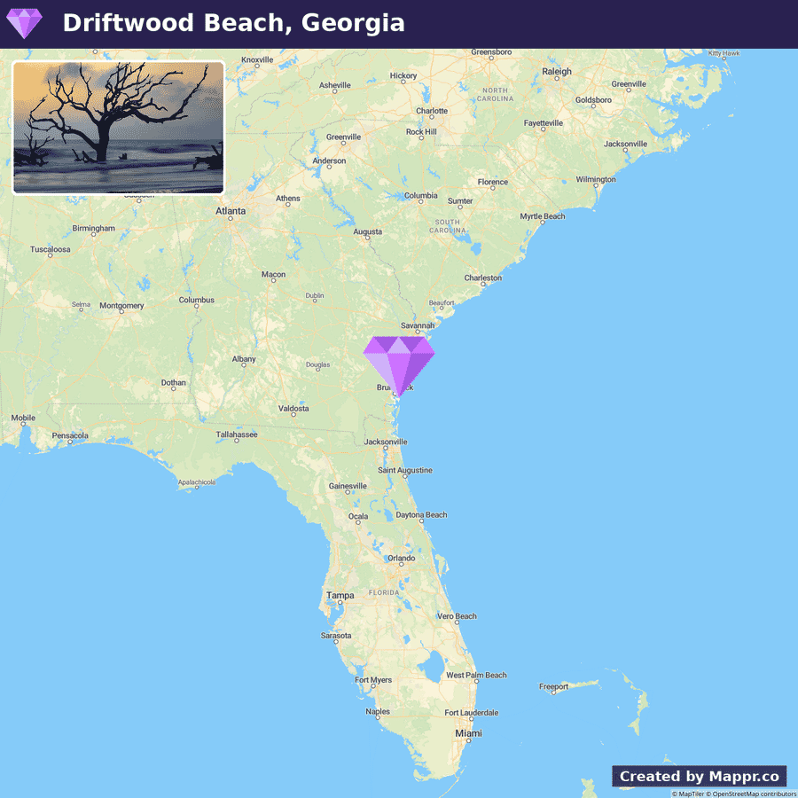 Map highlighting the location of Driftwood Beach on Jekyll Island, off the coast of Georgia, near Jacksonville, Florida. The inset in the upper left corner shows a scenic view of the beach with a driftwood tree against a sunset or sunrise.