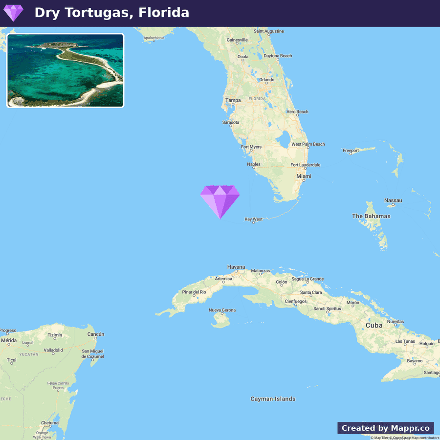 A map highlighting Dry Tortugas National Park, Florida, with a purple diamond indicator south of Florida in the Gulf of Mexico and an inset image of a small island with clear blue waters at the top left.