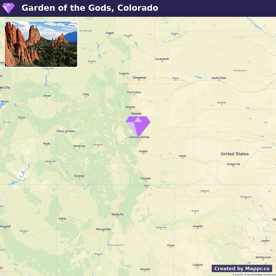 A map showing the location of Garden of the Gods in Colorado, with an inset photo of the red rock formations characteristic of the park. The map includes nearby states and cities, with Denver marked by a purple teardrop-shaped pin.