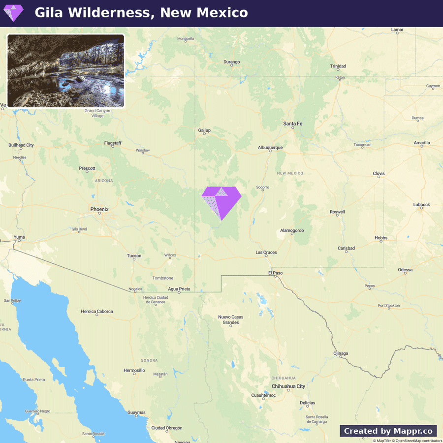 A map highlighting Gila Wilderness in New Mexico with an inset showing a natural scene from the area, featuring a forest and a stream.