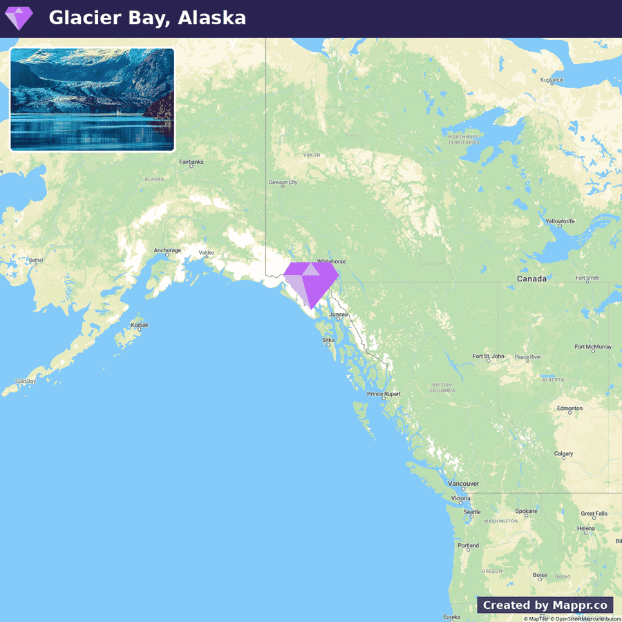 A map showing Glacier Bay National Park, Alaska, with a photo of a glacier and its reflection in water superimposed in the top left corner, and nearby locations like Skagway, Juneau, Sitka, and Ketchikan labeled. The Gulf of Alaska is shown to the south.