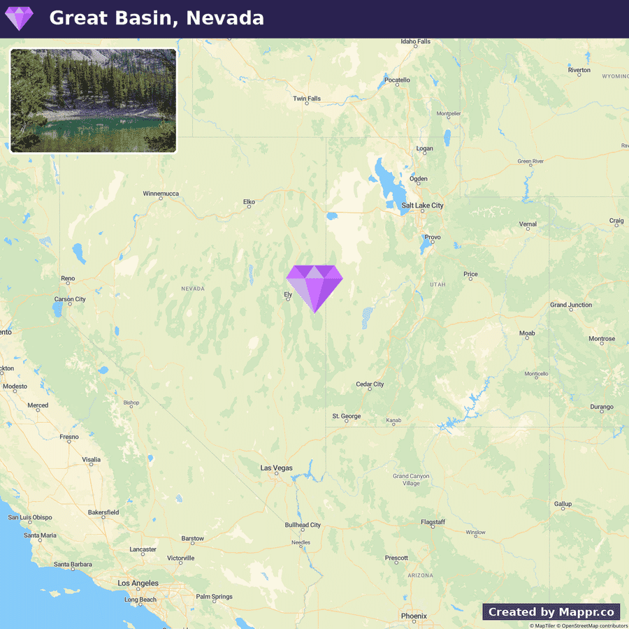 A promotional graphic combining a picturesque photo of Great Basin National Park with a map highlighting its location in Nevada, United States. The map shows surrounding states and major cities with a purple diamond marking the park's position.