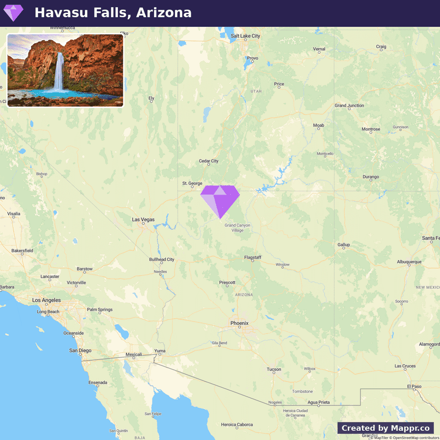 Havasupai Havasu Falls, Arizona map with a highlighted section showing the location of the falls on a simplified map of the southwestern United States, including parts of California, Nevada, Utah, Colorado, New Mexico, and Arizona, with nearby major cities labeled.