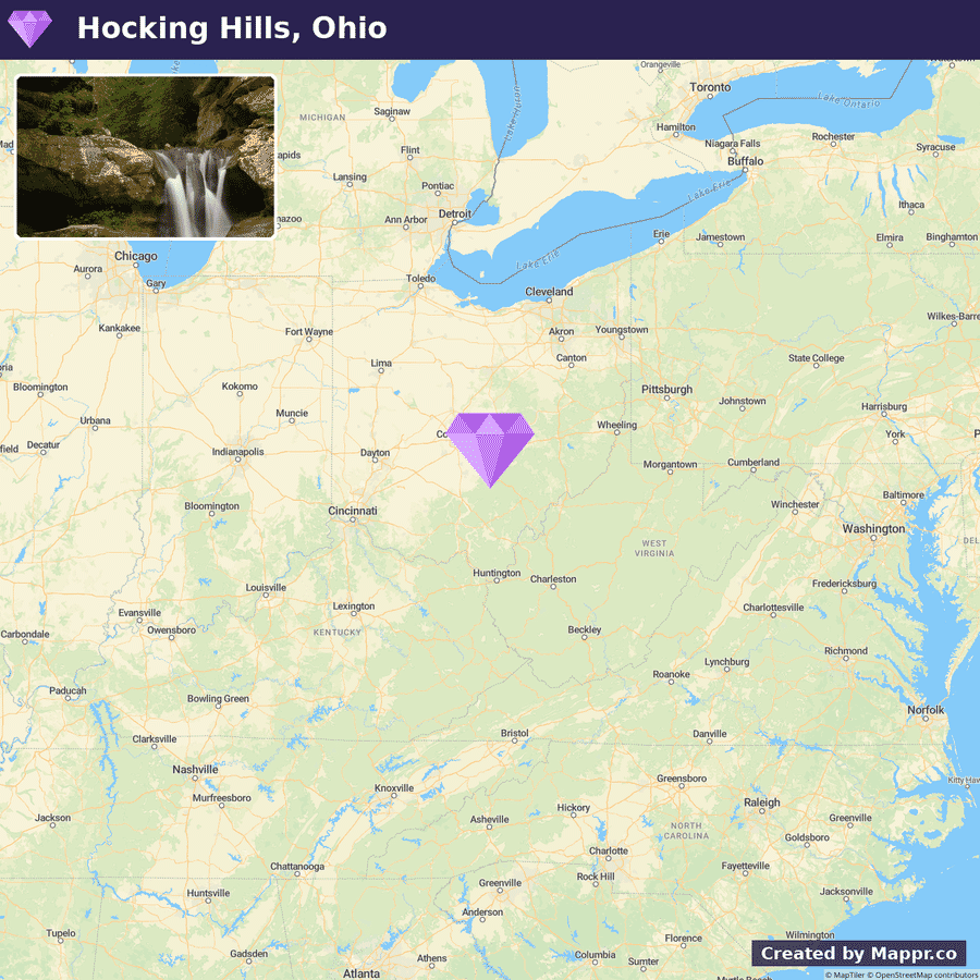 Map highlighting Hocking Hills State Park in Ohio with a marker, inset picture of a waterfall in a forested area, and surrounding states and cities for context.