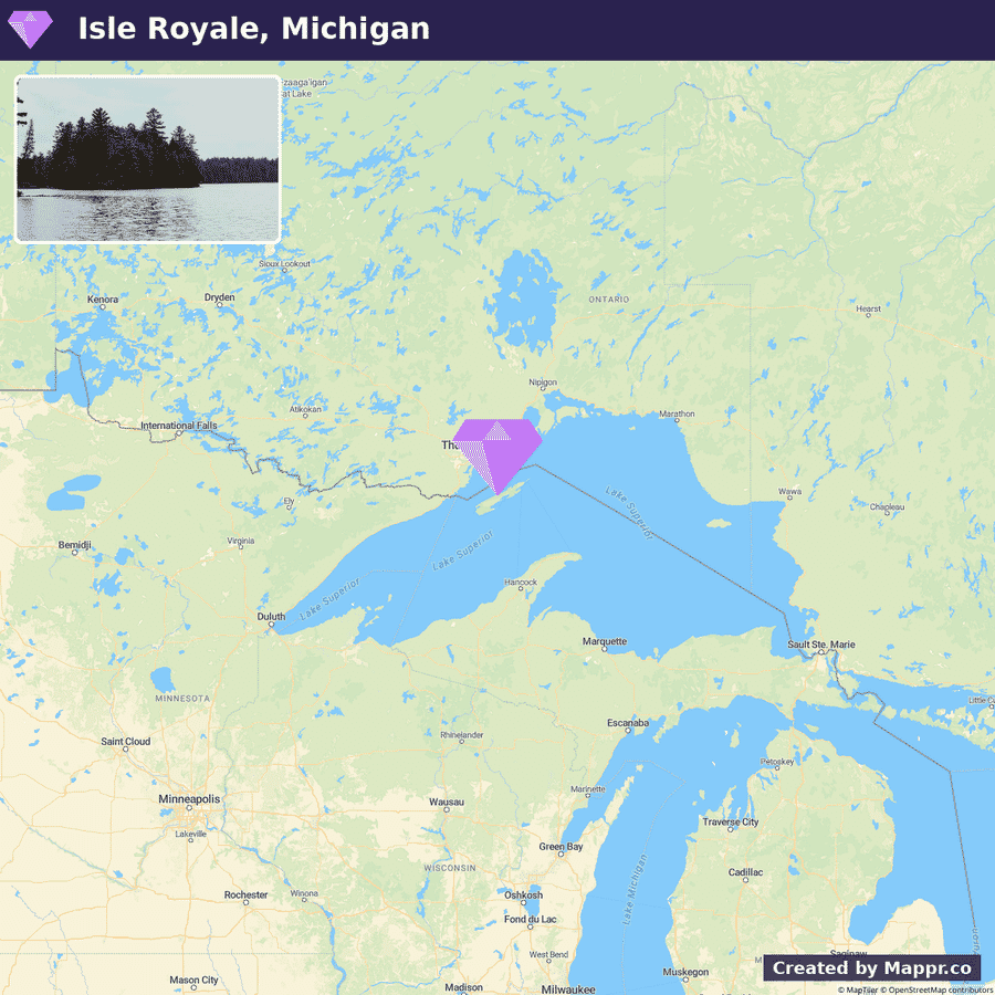Map showing where Isle Royale sits in Michigan, with a diamond marker on the exact location