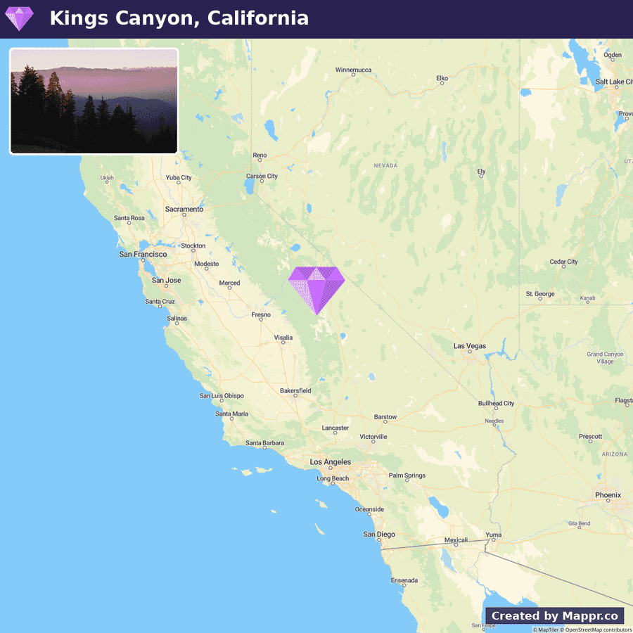 Map showing where Kings Canyon sits in California, with a diamond marker on the exact location