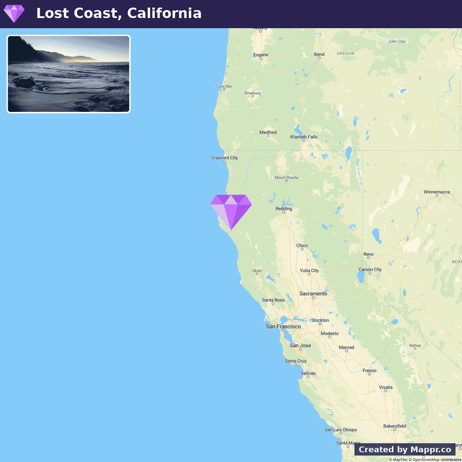 An image split into two sections; the upper half displays a scenic view of the Lost Coast in California with a coastline and waves, while the lower half shows a map highlighting the location of the Lost Coast with a purple pointer on the California map, surrounded by other states.