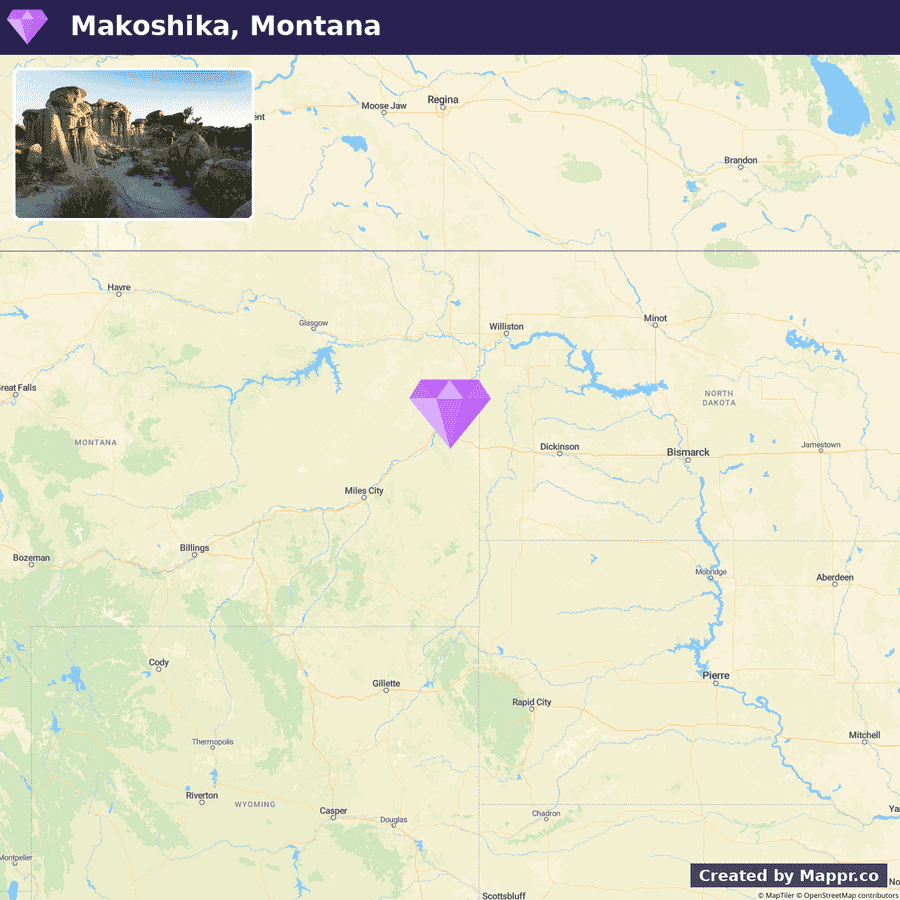 A map and a photograph displaying the location and a scenic view of Makoshika State Park in Montana. The map highlights the park's position in the state with a purple diamond symbol. The photograph in the upper left corner shows rock formations and terrain typical of the park at dusk.