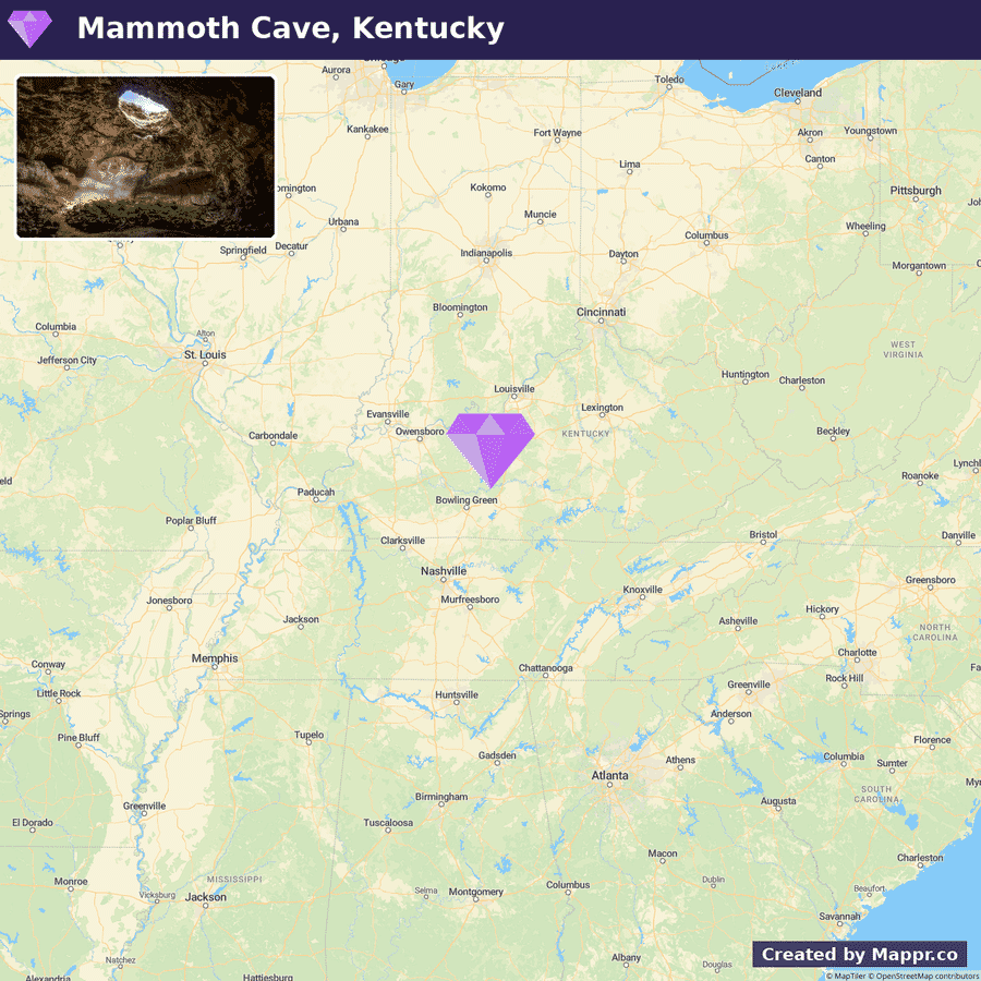 A map highlighting Mammoth Cave National Park in Kentucky with an inset photo of a cave entrance, situated in the North Central United States, with the park's logo above.