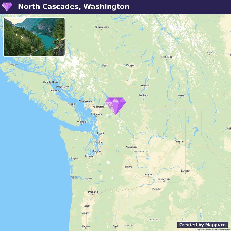 Map showing the location of North Cascades National Park in Washington with nearby cities and states labeled, and an inset photo of a scenic view from the park.