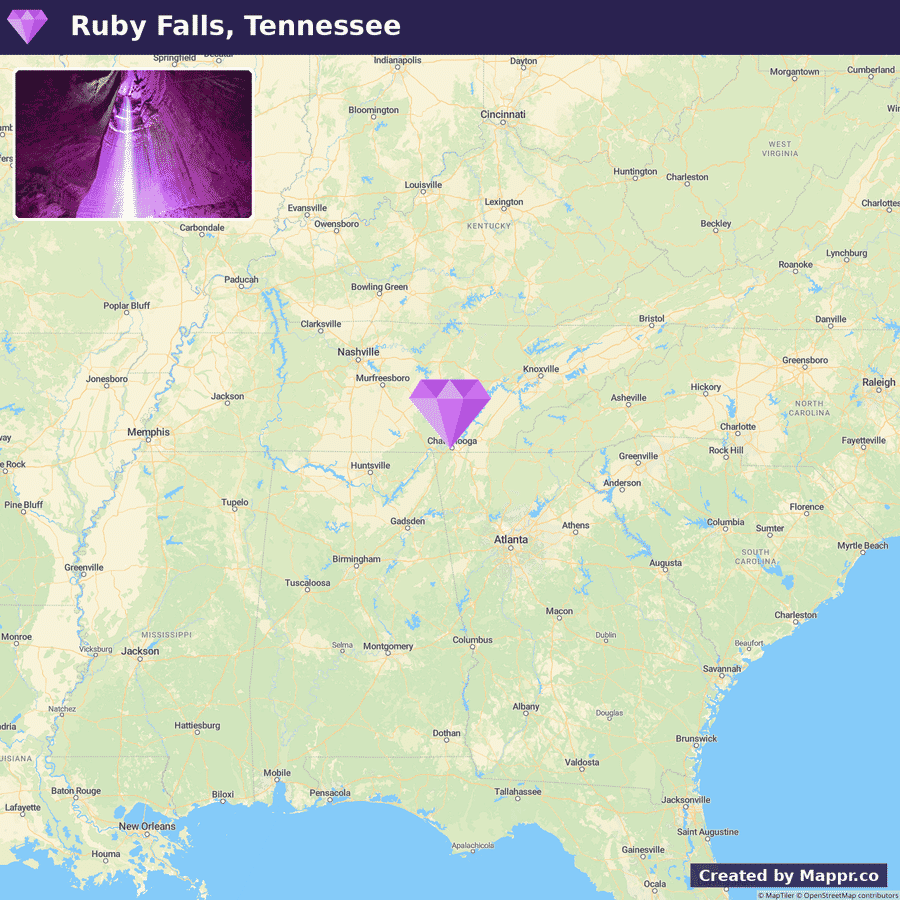 A map highlighting Ruby Falls, Tennessee, with a small image of the illuminated falls in the corner.