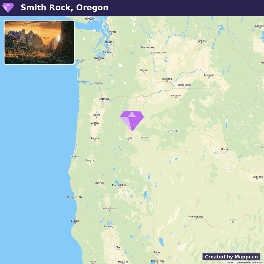 Map showing the location of Smith Rock State Park in Oregon, highlighted with a purple diamond marker, alongside an inset photograph of the park's iconic rock formations and lush greenery at sunrise.