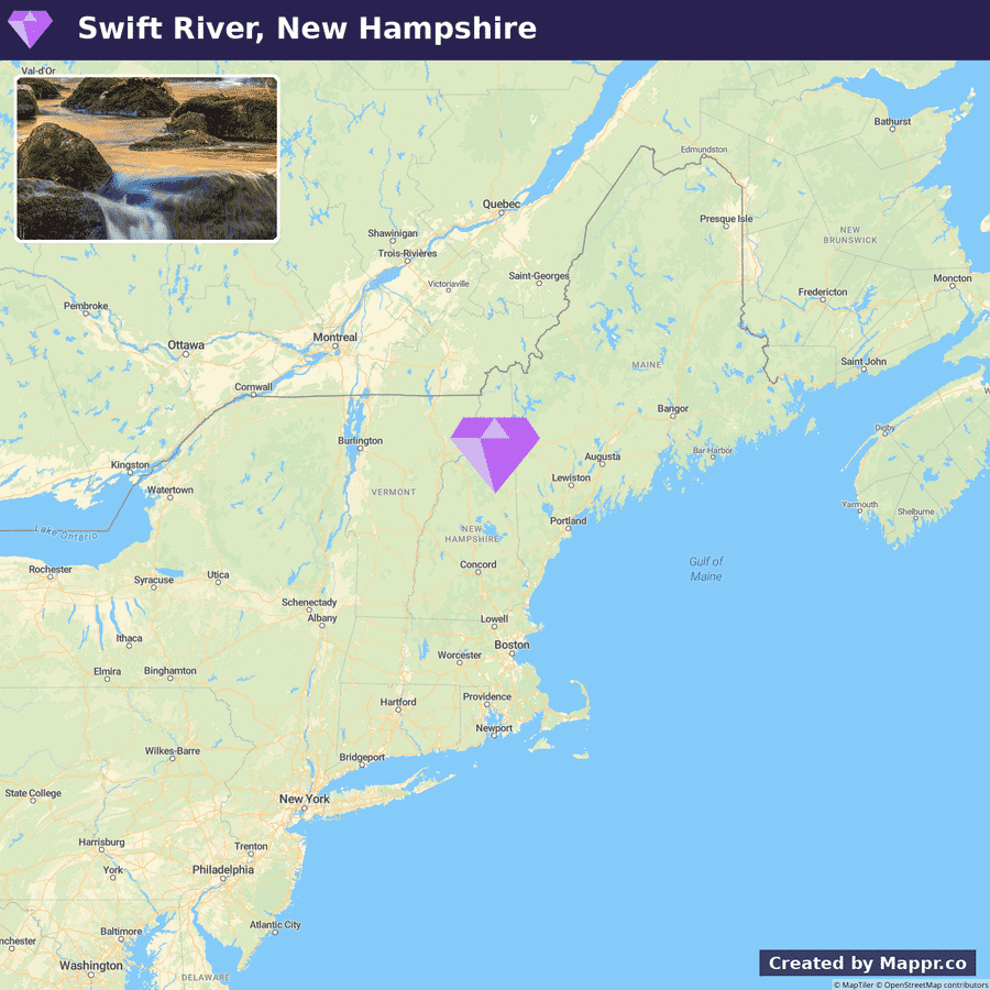 A map highlighting the location of Swift River in New Hampshire, with a small inset photo of a waterfall in the top left corner. The map shows neighboring US states, Canadian provinces, and bodies of water, with a purple diamond marker indicating the river's location.