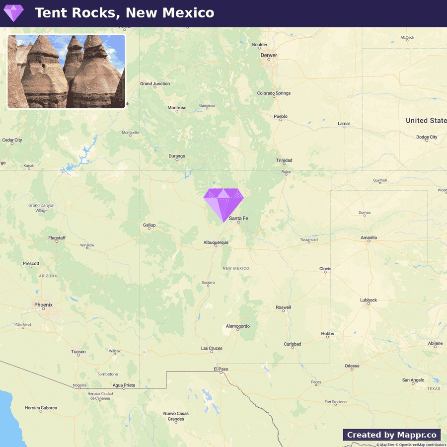 A map highlighting the location of Kasha-Katuwe Tent Rocks National Monument in New Mexico, United States, with an inset image of cone-shaped rock formations typical of the monument.