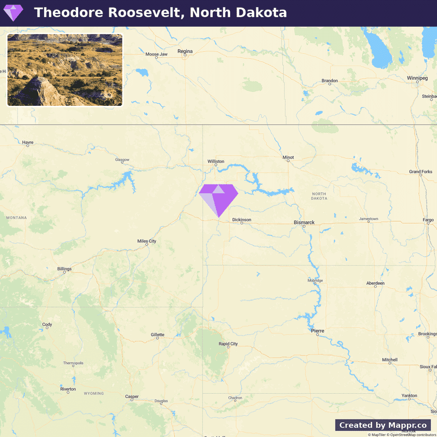 A map showing the location of Theodore Roosevelt National Park in North Dakota, USA, with a landscape photo of the park above, featuring rocky terrain and sparse vegetation.