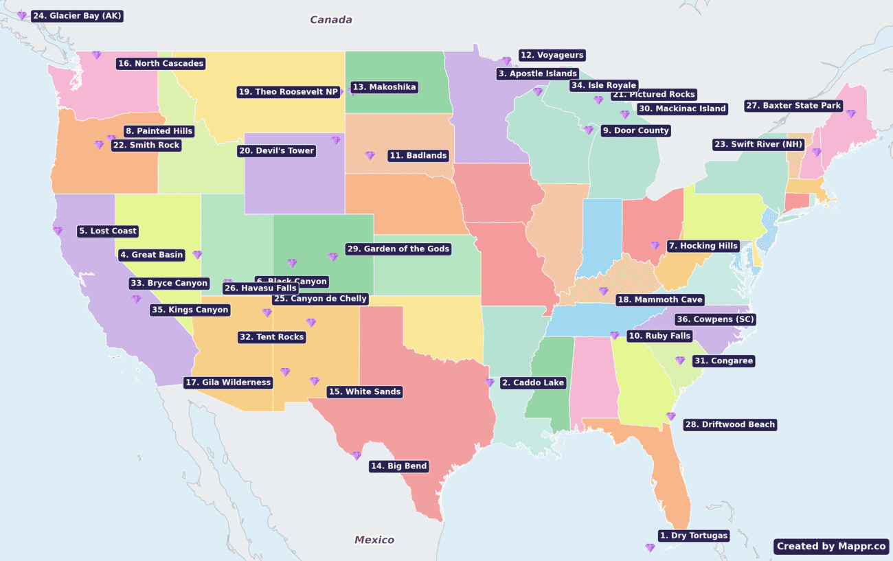 Map of the continental United States showing all 33 hidden gems as purple gem pins with numbered pill labels around the frame