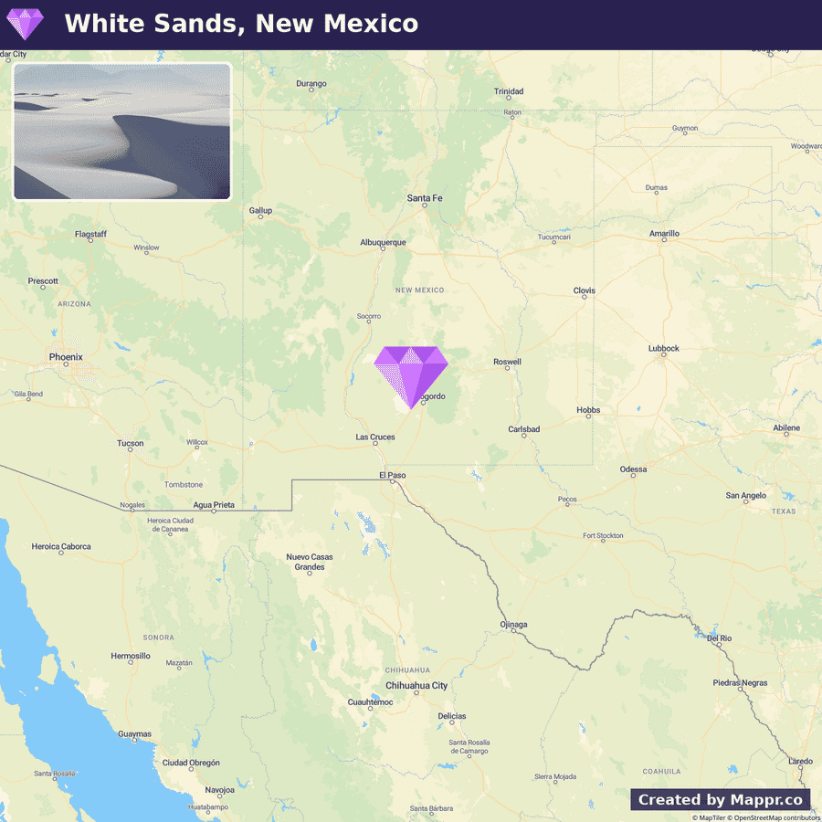 A map highlighting the location of White Sands National Park in New Mexico, with an inset photo of the park's white sand dunes against a mountain backdrop.
