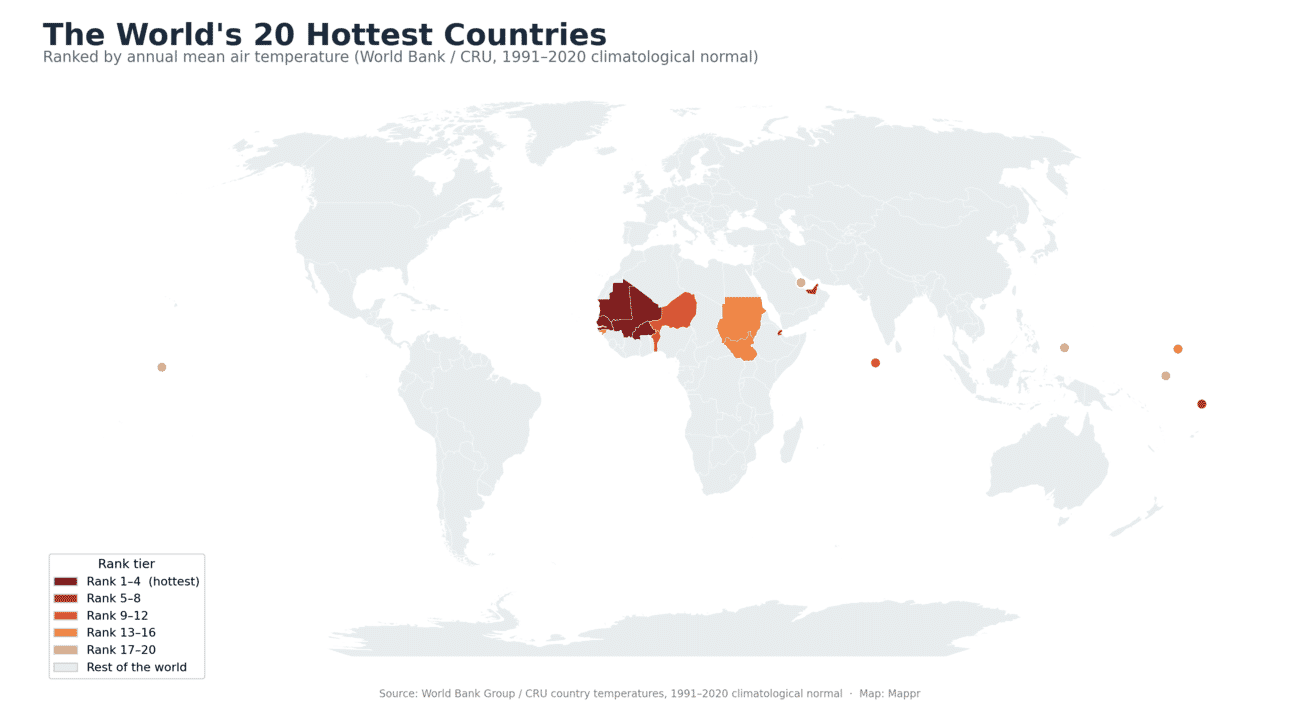 Map of the 20 hottest countries in the world by average annual temperature, 1991-2020