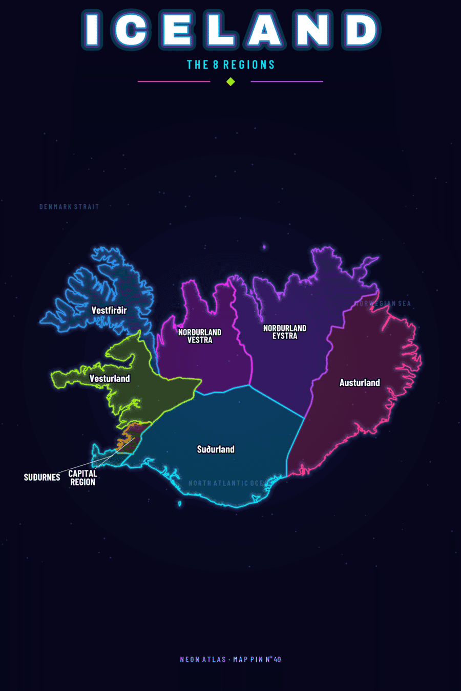 Neon map of Iceland with a glowing location pin