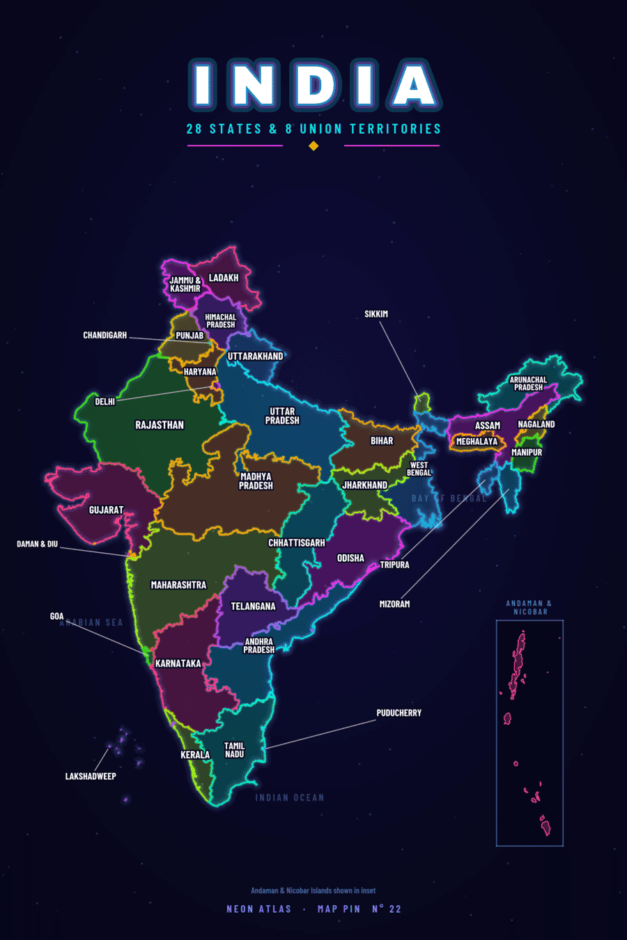 Neon map of India showing its states, with a glowing location pin