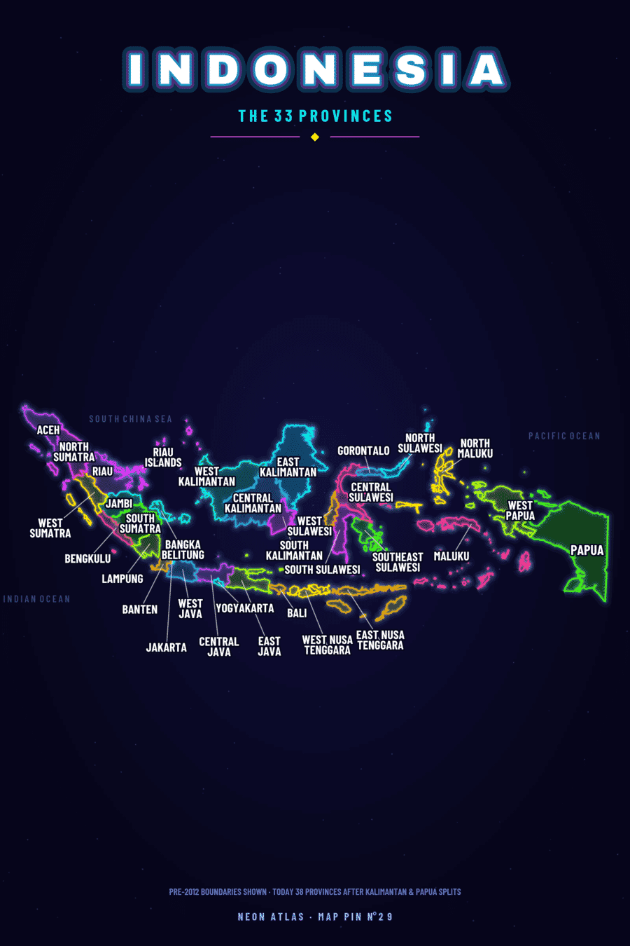 Neon map of Indonesia showing its provinces, with a glowing location pin