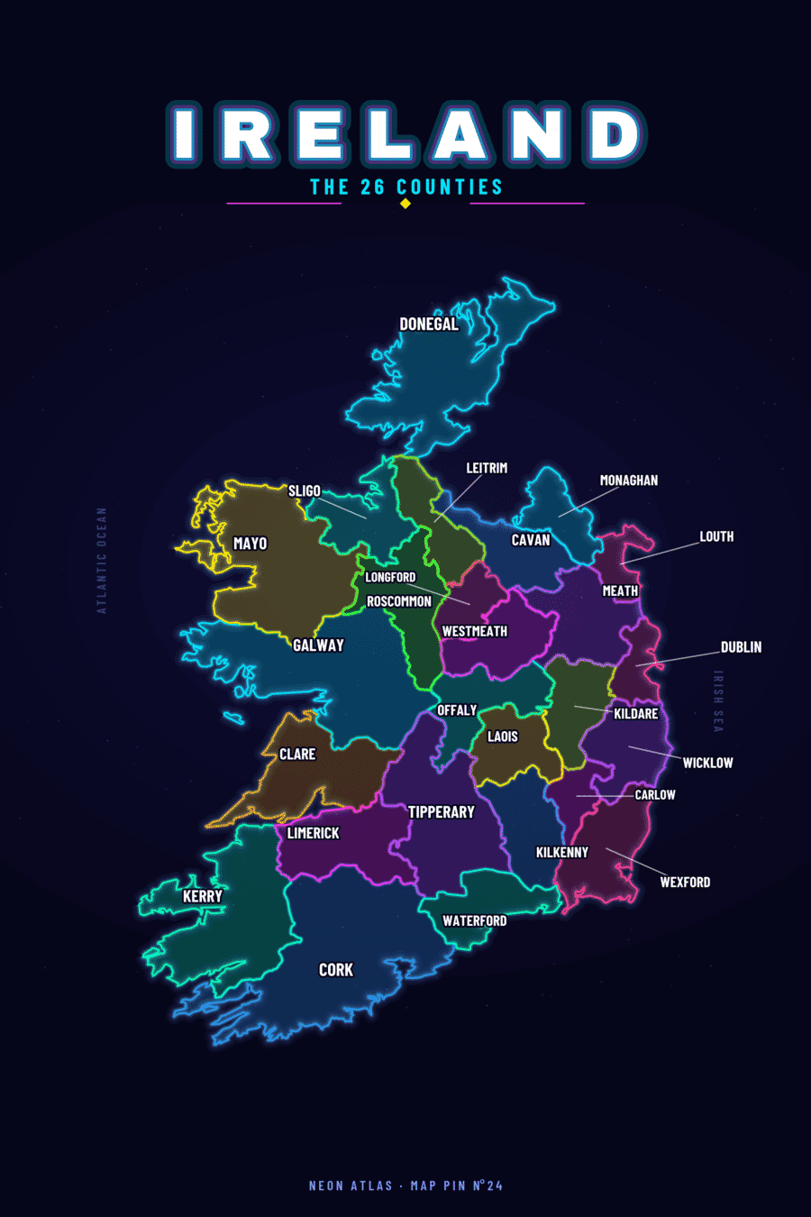 Neon map of Ireland showing its regions, with a glowing location pin